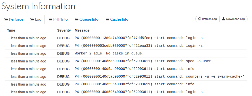 System information, Log tab Image of the Log tab